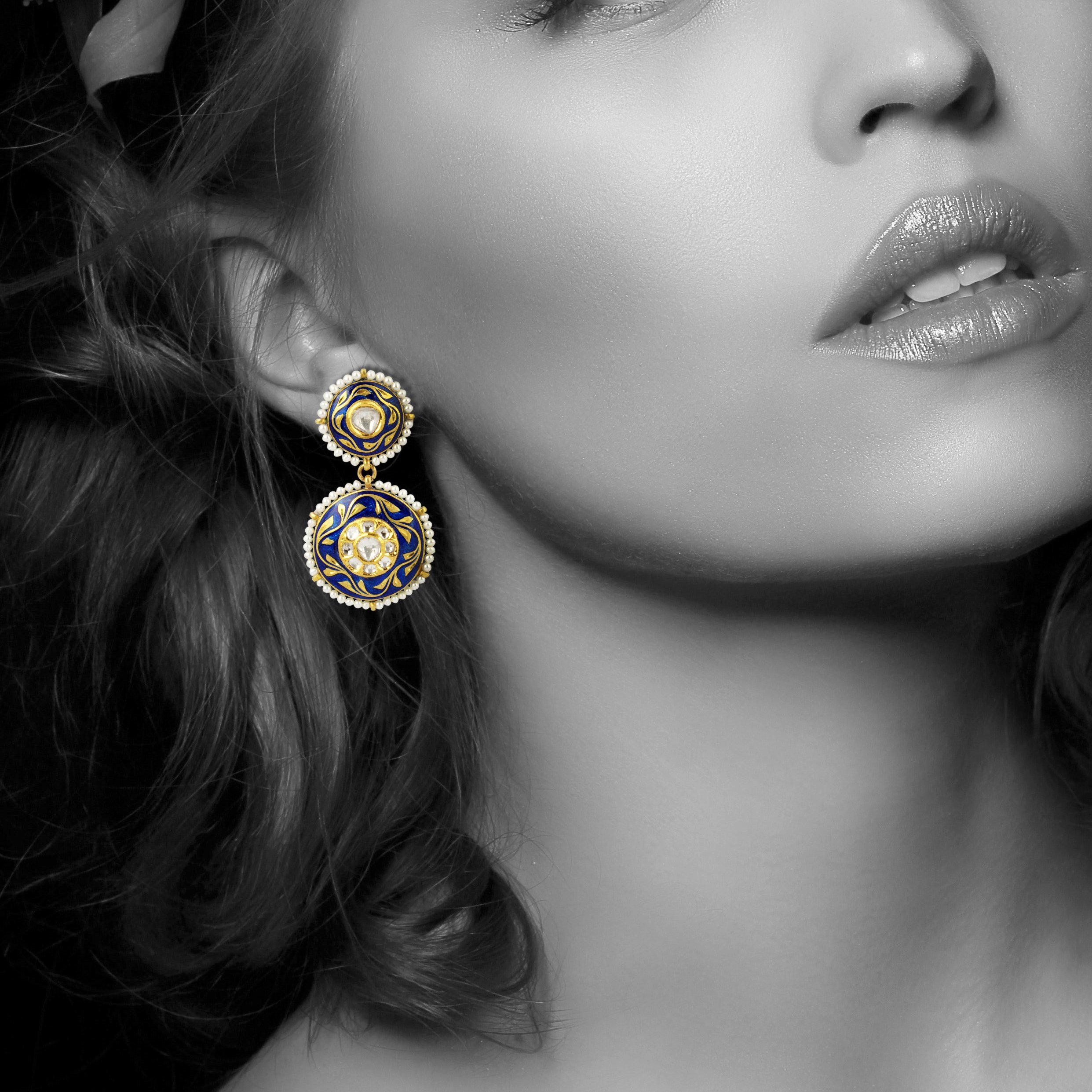 Indigo Enamel Earrings with Polki Diamonds and Pearl Border